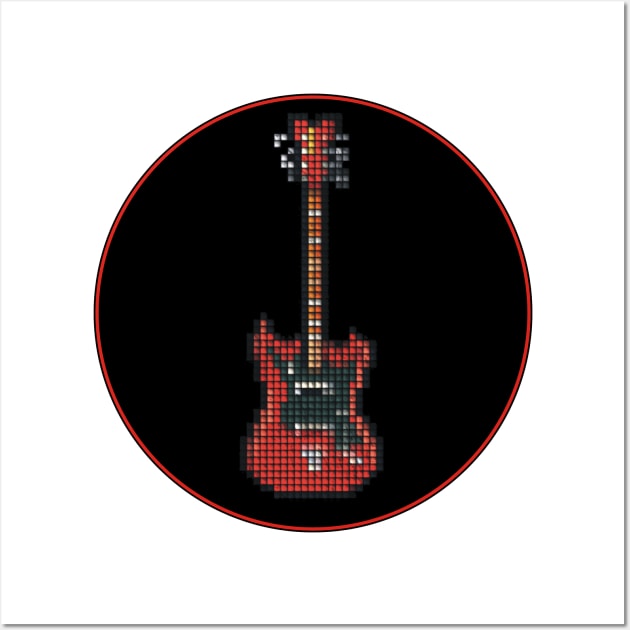 Tiled Pixel Red 8-String Bass Guitar in a Black Circle Wall Art by gkillerb